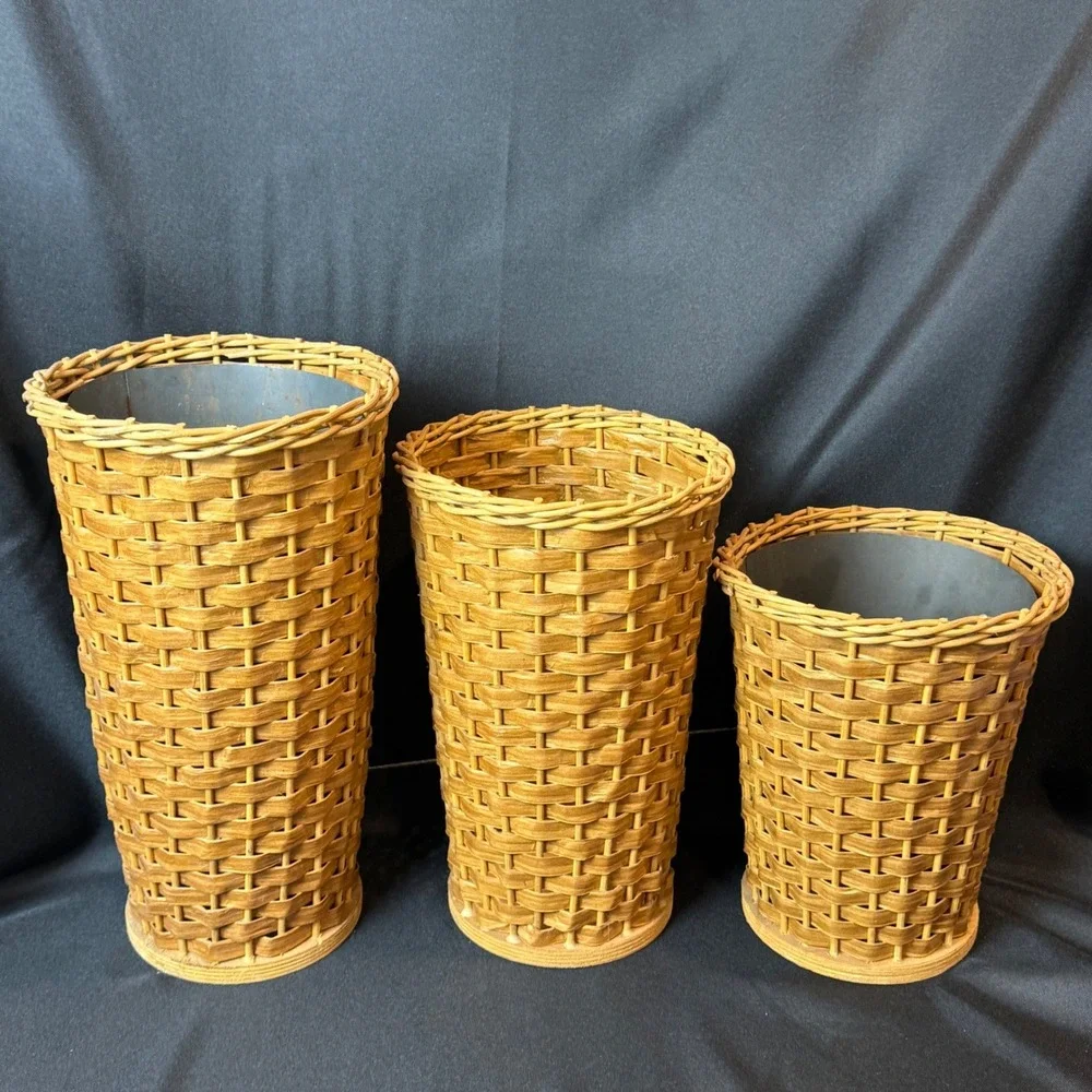Vintage 3pc Set Woven Wicker Display Basket Vases w/ 2 Metal Liners 14